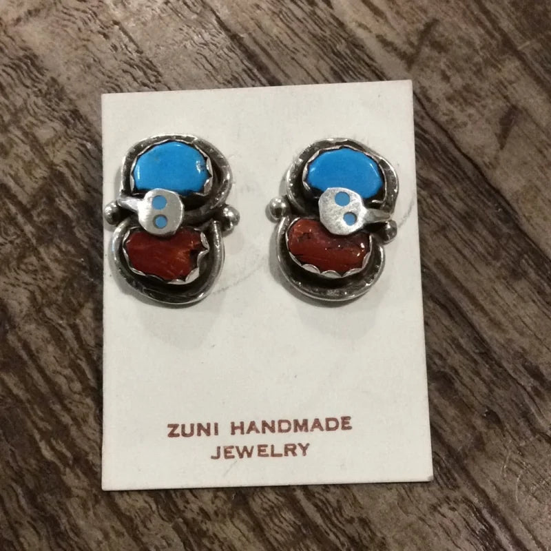 Effie Calavaza Turquoise And Coral Zuni Earrings | Vintage -