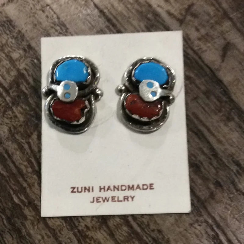 Effie Calavaza Turquoise And Coral Zuni Earrings | Vintage -