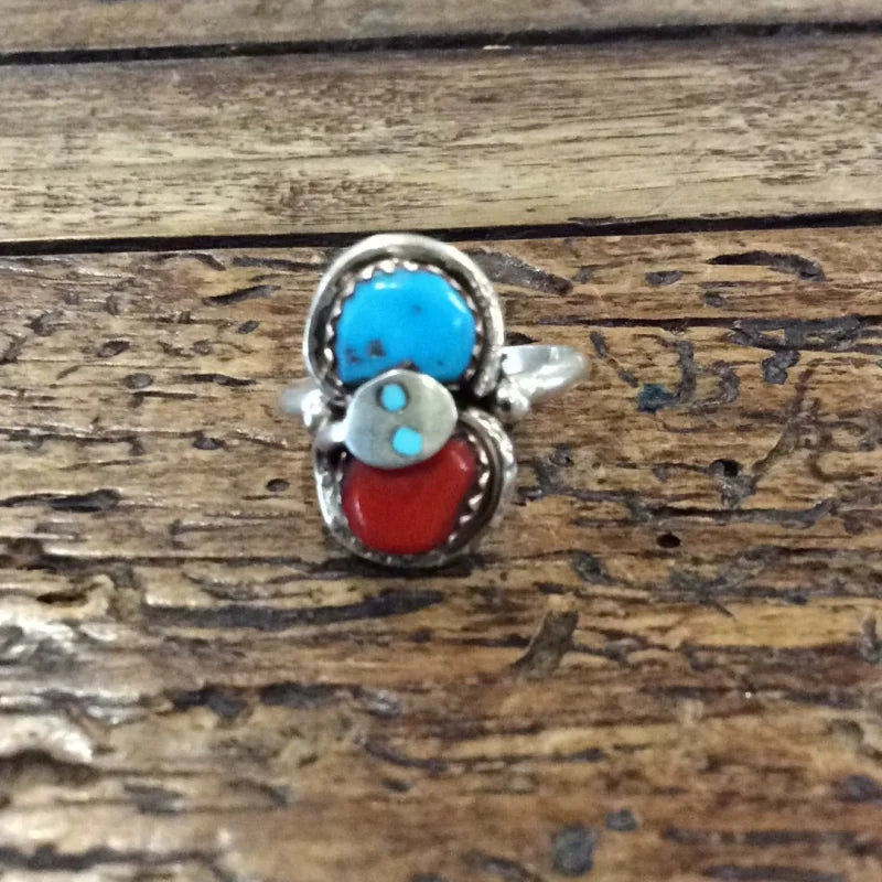 Effie Calavaza Turquoise And Coral Zuni Ring | Vintage -