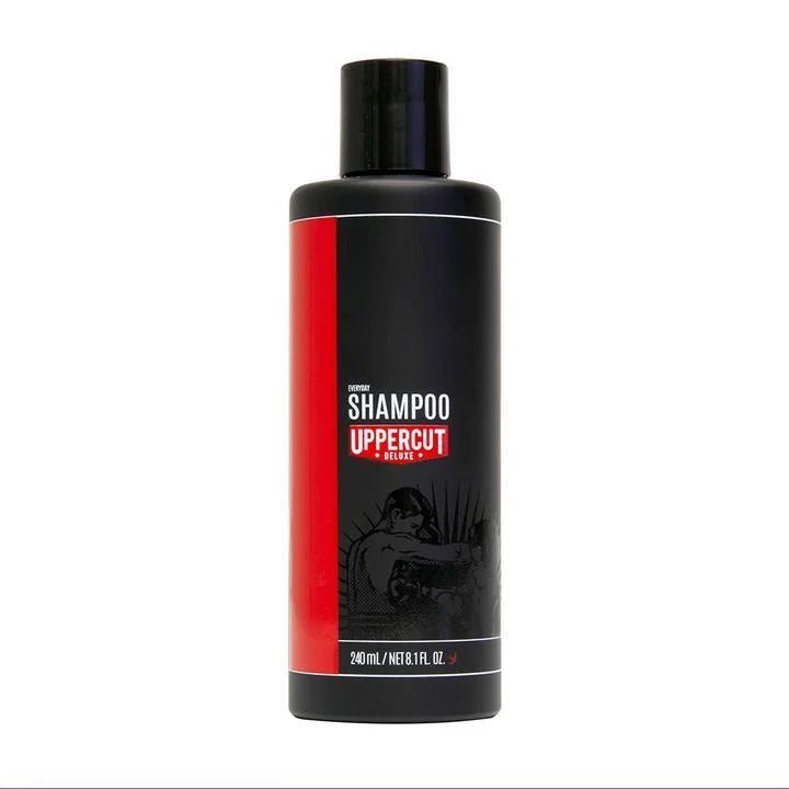 A black and red 240ml bottle of Uppercut Deluxe Everyday Shampoo for men, shown on a white background—ideal to complement your hair styling routine.