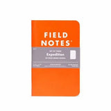 The Field Notes Expedition memo book features 48 pages of synthetic, dot-grid paper and comes wrapped in a gray band with product details.
