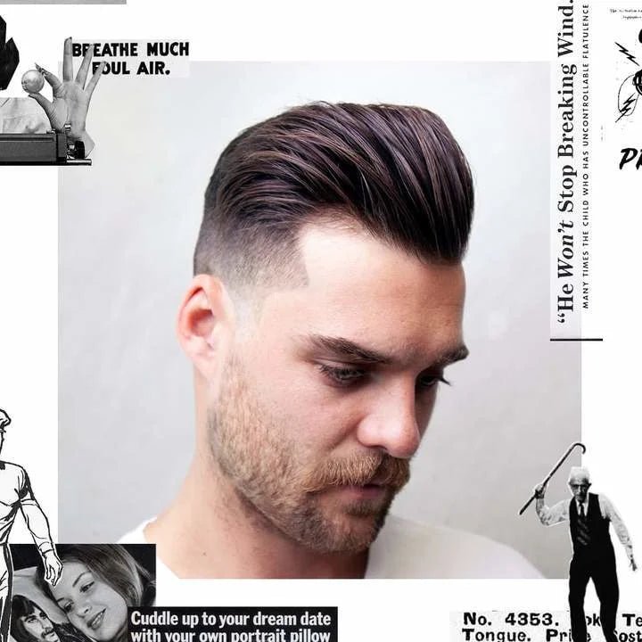 A man with a styled undercut and trimmed beard looks down, his hair shaped with Uppercut Deluxe Featherweight Paste for firm hold, surrounded by black-and-white collage elements and text fragments.