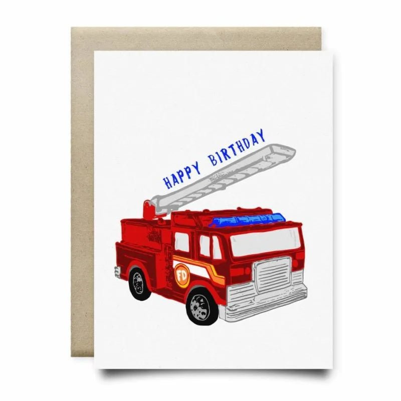 The Fire Truck Birthday Card by Anvil Cards features a red fire truck with "HAPPY BIRTHDAY" in blue on linen paper. This A2 card is blank inside and comes with a brown envelope.