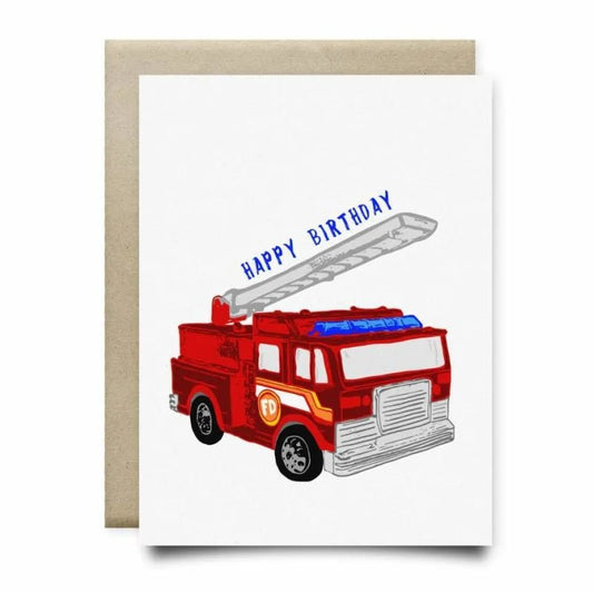 The Fire Truck Birthday Card by Anvil Cards features a red fire truck with "HAPPY BIRTHDAY" in blue on linen paper. This A2 card is blank inside and comes with a brown envelope.