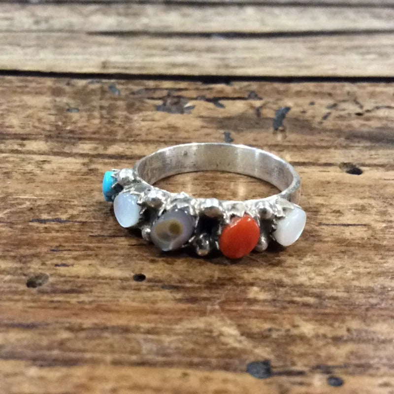 Five Unique Stones W/ Turquoise And Coral Ring | Vintage -
