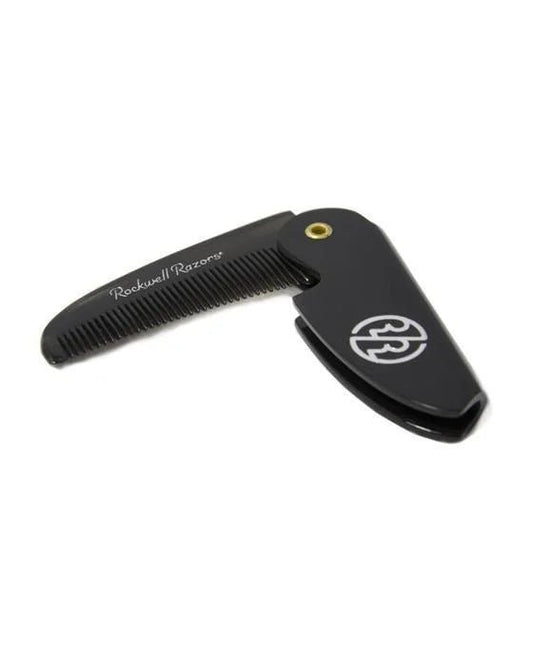 The Rockwell Razors Folding Beard & Moustache Comb is a black, portable grooming tool with the brand name on the handle and a circular logo on the cover—ideal for styling your beard or moustache anywhere.