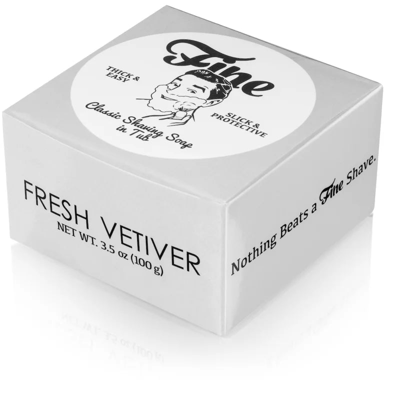 Fine Accoutrements’ Fresh Vetiver Classic Shaving Soap in Tub (3.5 oz) features vintage-inspired branding and the slogan “Nothing Beats a Fine Shave,” ideal for an authentic barbershop shave experience.