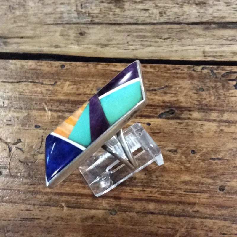 Geometric Inlay W/ Lapis And Spiny Oyster Ring | Vintage -