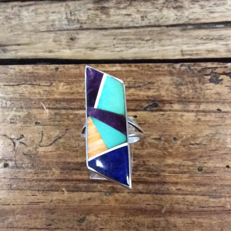 Geometric Inlay W/ Lapis And Spiny Oyster Ring | Vintage -