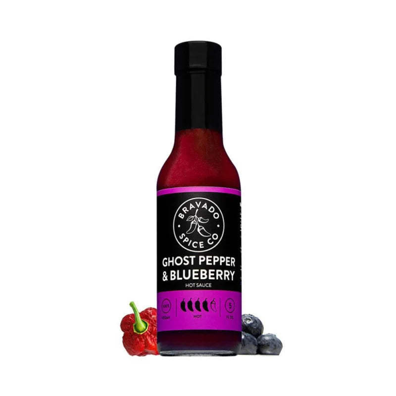 Ghost Pepper & Blueberry Hot Sauce By Bravado Spice, Bottle With Blueberry Sauce And Strawberry