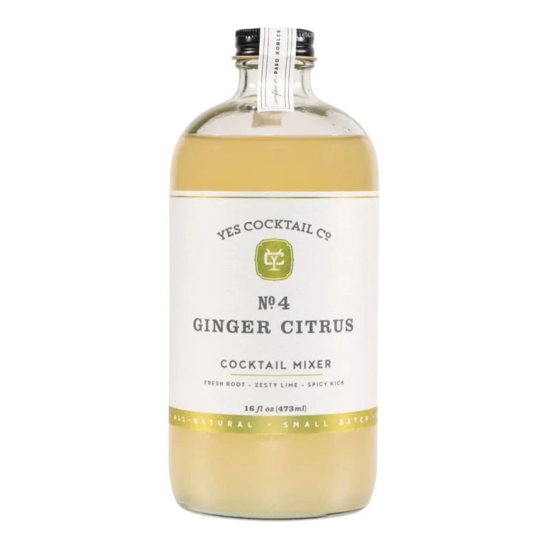 A 16 fl oz clear glass bottle of pale yellow Ginger Citrus Cocktail Mixer by Yes Cocktail Co., labeled "Ginger Citrus Cocktail Mixer | Yes Cocktail Co.