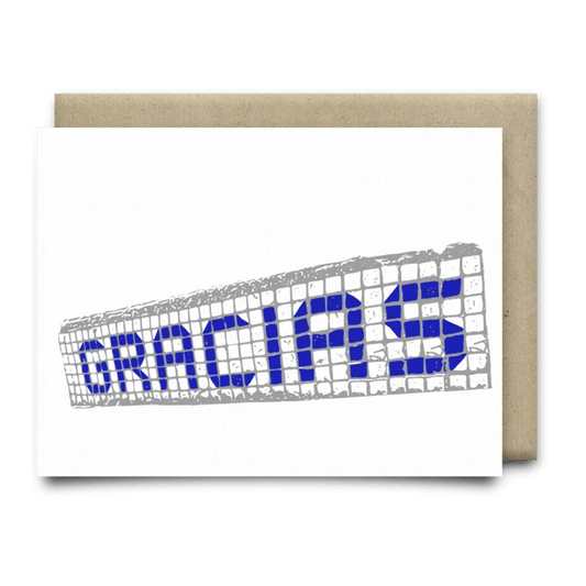 Gracias Blue Tiles Card by Anvil Cards: A2 greeting card with "GRACIAS" in blue on a mosaic tile pattern, printed on linen paper, blank inside, shown with a brown envelope.