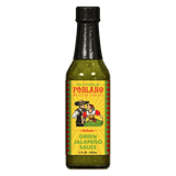 A 5 fl oz bottle of Old Pueblo Poblano Green Jalapeno Hot Sauce with a yellow and red label, featuring two people in traditional Mexican attire, brings authentic Tucson flavor to your table.