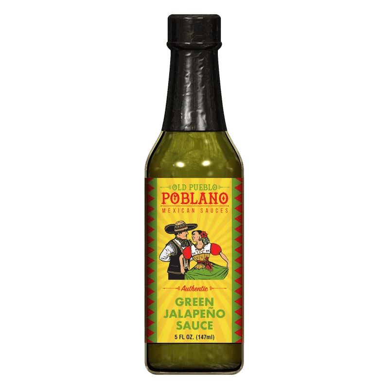 A 5 fl oz bottle of Old Pueblo Poblano Green Jalapeno Hot Sauce with a yellow and red label, featuring two people in traditional Mexican attire, brings authentic Tucson flavor to your table.