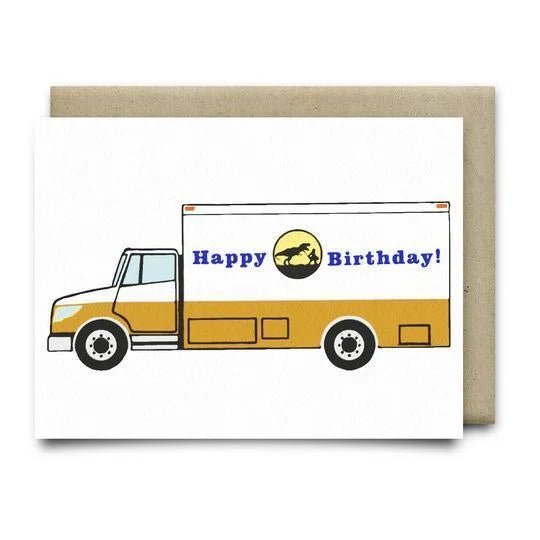 The Happy Birthday Ice Cream Truck Card by Anvil Cards features a cheerful illustrated truck with "Happy Birthday!" on the side, is blank inside, A2 size, and comes with a plain brown envelope behind it.