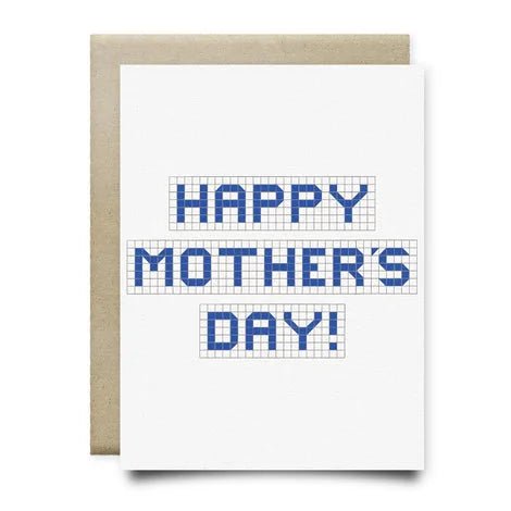 The "Happy Mother's Day Blue Tile" A2 greeting card by Anvil Cards features blue block letters on a grid pattern atop a linen paper card with brown envelope; blank inside for your message.