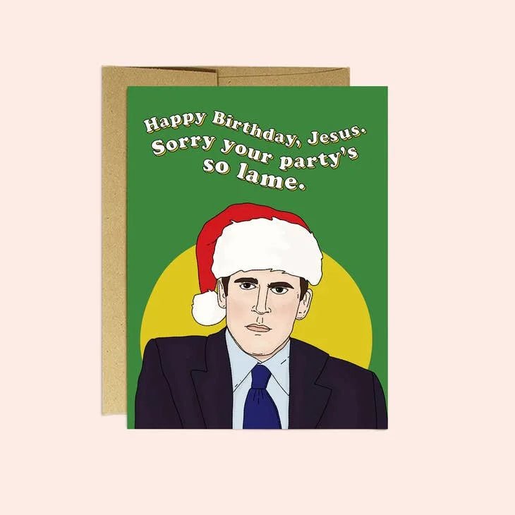 The "HBD Jesus (Sorry Your Party's so Lame)" Christmas card by Party Mountain Paper co. features a serious man in a Santa hat and humorous text on matte white cardstock. Blank inside and made in Toronto; envelope included.