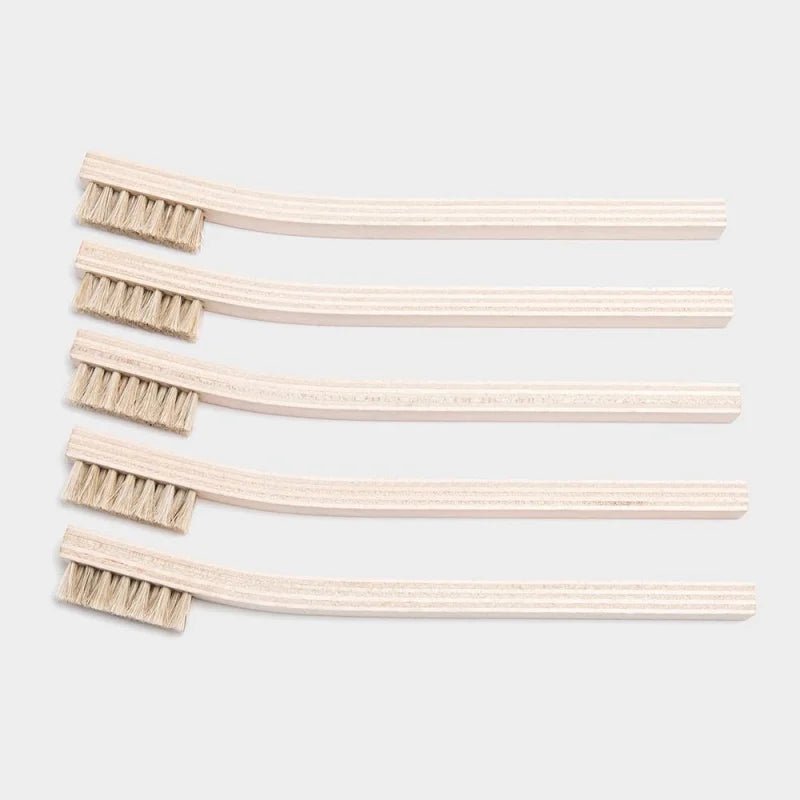 Five Otter Wax Horsehair Cleaning Brushes with ergonomic handles are arranged in parallel on a plain white background.