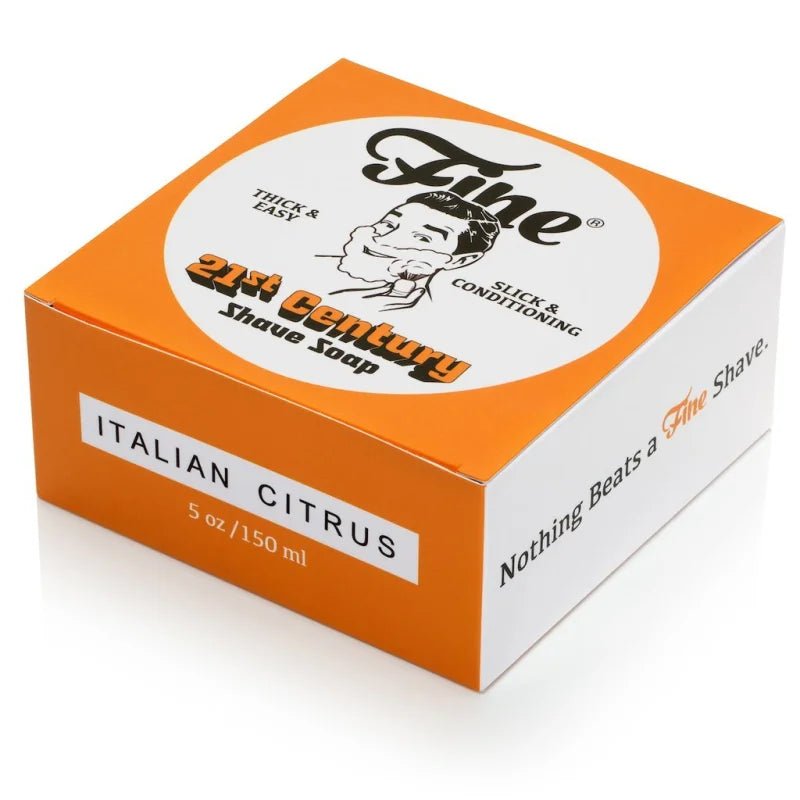 Orange and white box of Fine Accoutrements Italian Citrus 21C Shave Soap, inspired by Acqua di Parma Colonia, 5 oz/150 ml, featuring product branding and description on the packaging.