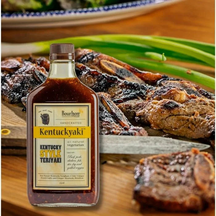 Kentuckyaki Barbecue Sauce By Bourbon Barrel Foods Bottle And Meat Plate