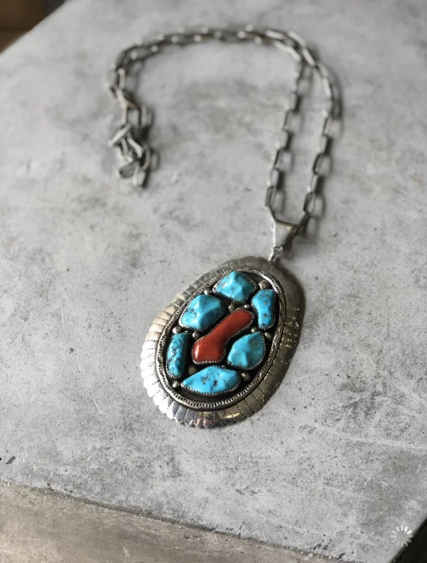 Large Turquoise And Coral Pendant | Vintage - Vintage -