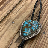 Large turquoise bolo tie with braided leather cord, vintage turquoise bolo jewelry
