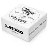 The white box of Latigo Shave Soap by Fine Accoutrements (5 oz/150 ml) features text promoting a thick, slick, conditioning lather for a traditional barbershop shave and an illustration of a man's face.
