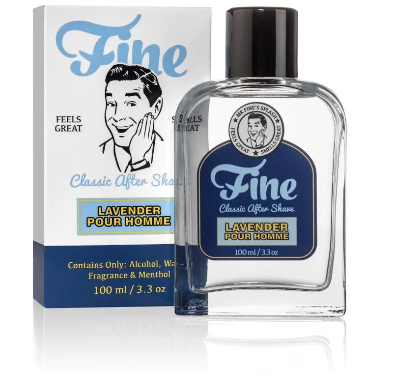 A bottle of Lavender Classic Aftershave by Fine Accoutrements is shown beside its box, which displays a retro smiling man and product details, emphasizing its refreshing peppermint-lavender scent.