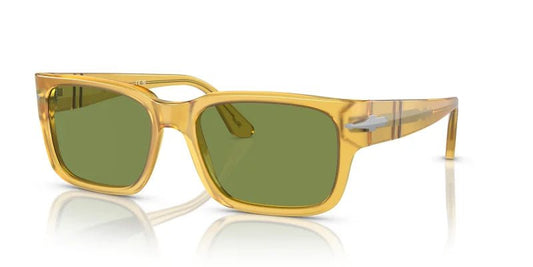 Persol Miele w/ Green 0PO3315S: Rectangular yellow acetate sunglasses with green lenses and a small silver temple accent, shown on a white background.