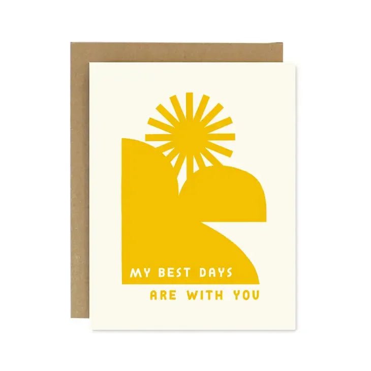 The "My Best Days Are with You Card" by Worthwhile Paper features a yellow abstract sunrise and heartfelt text on the front, paired with a recycled brown envelope.