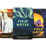 The Field Notes National Parks Pack by Field Notes features three memo books with illustrated covers showing a waterfall, northern lights, and a mountain framed by a rock arch—an inspiring part of the beloved National Parks Series.