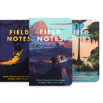 The Field Notes National Parks Pack features three memo books with illustrated covers—volcanoes, a mountain with a bear, and a heron by a river. Each notebook has 48 pages and is made in the USA.