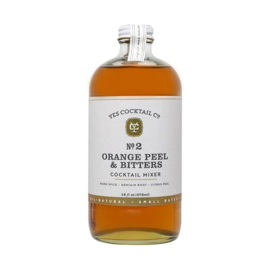 Orange Peel & Bitters Cocktail Mixer by Yes Cocktail Co., in a 16 fl oz glass bottle, offers rich amber liquid—ideal for making a classic Old Fashioned.