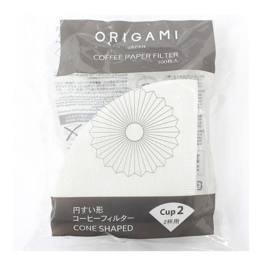 A pack of 100 Origami Dripper Filter | Slow Pour by Origami Japan for 2 cups, made from virgin pulp with a geometric flower design. Features product info in Japanese and English. Made in Japan.
