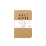 A tan Field Notes Original Kraft memo book with a white band labeled "Set of Three, Various Styles, 48-Page Memo Books.
