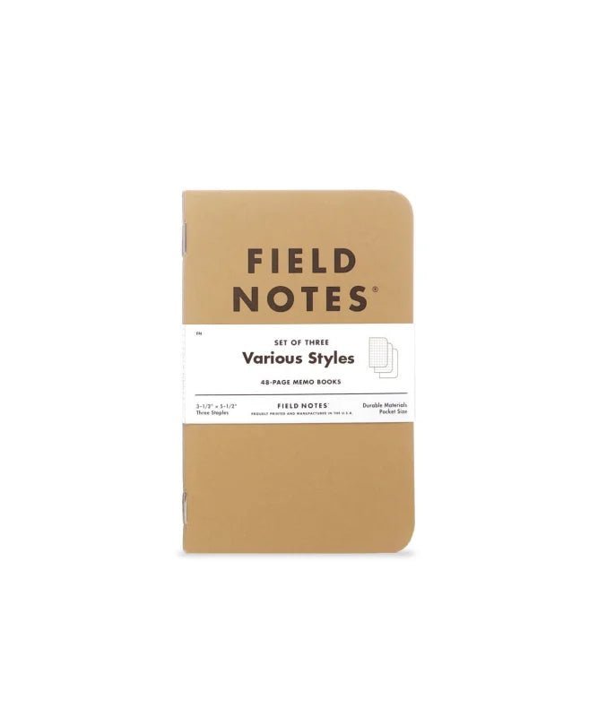 A tan Field Notes Original Kraft memo book with a white band labeled "Set of Three, Various Styles, 48-Page Memo Books.