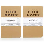 Four Field Notes Original Kraft packs are side by side—Graph Paper, Ruled Paper, Plain Paper, and Mixed Three-Pack. Each Field Notes pack contains three 48-page memo books.