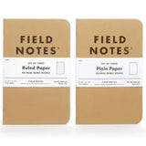 Four Field Notes Original Kraft packs are side by side—Graph Paper, Ruled Paper, Plain Paper, and Mixed Three-Pack. Each Field Notes pack contains three 48-page memo books.
