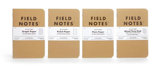 The Field Notes Original Kraft series offers four 3-Packs—Graph, Ruled, Plain, or Mixed—with each pack containing three 48-page memo books.