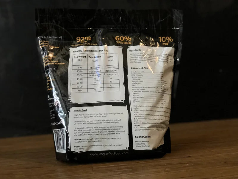 Black bag of Origins Canine Supplement from Rogue Pet Feed, a premium fermentation product