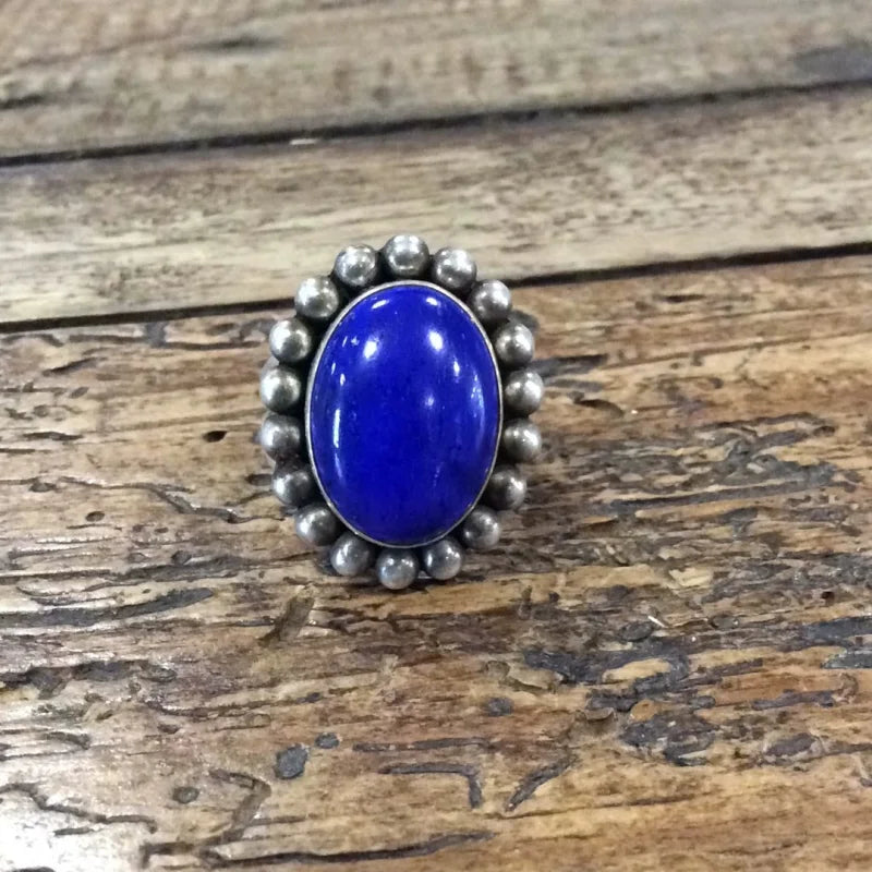 Oval Lapis W/ Bead Border Ring | Vintage - Jewelry -