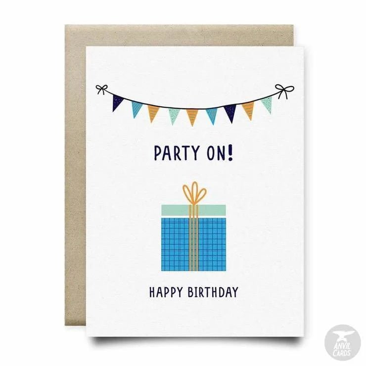 The Party On Happy Birthday Card from Anvil Cards features a bunting banner with “Party On!”, a blue gift box, and “Happy Birthday” below. Printed on linen paper, this A2 card is blank inside for your message.