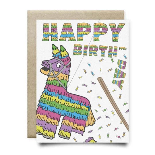 The Piñata Birthday Card by Anvil Cards is an A2 linen card with "HAPPY BIRTHDAY" in colorful piñata letters, candies, a piñata, and stick. Blank inside, it includes a brown envelope.