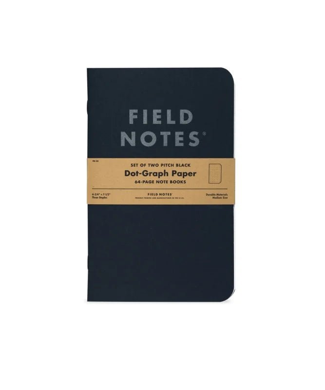 The Field Notes Pitch Black Notebook 2-Pack includes two 64-page notebooks with dot-graph paper, perfect for organized note-taking.