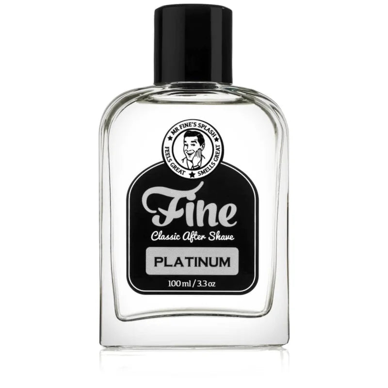 Platinum Classic Aftershave by Fine Accoutrements comes in a 100ml clear glass bottle with a black cap and black-and-white label, evoking a classic barbershop shave inspired by Creed Aventus.