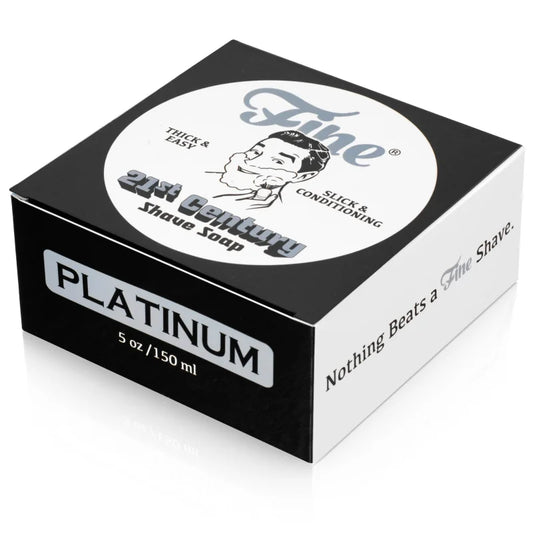 Fine Accoutrements’ Platinum Shaving Soap (5 oz/150 ml) delivers a classic barbershop shave, featuring premium quality and bold branding on its packaging.