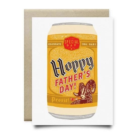 The Prosit! Shiner Father's Day Card by Anvil Cards features a "Hoppy Father's Day!" beer can and ram's head design on linen paper. This A2 card is blank inside, perfect for your personalized message.