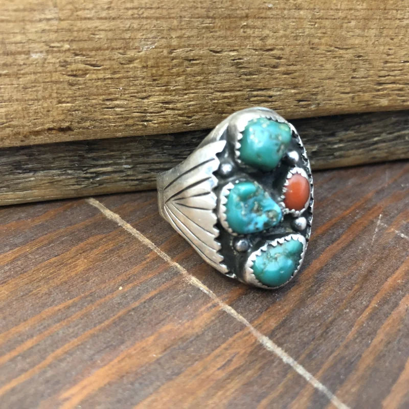 Rough-out 3 Turquoise And Coral Ring | Vintage - Vintage -