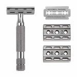 The Rockwell Razors 6C Double Edge Safety Razor features a textured metal handle, Swedish stainless steel blade, and two interchangeable base plates (R2 and R6), ensuring a close shave every time.