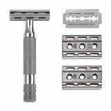 The Rockwell Razors Safety Razor | 6C Double Edge features a metal adjustable design with a knurled handle, three shave plates (R1, R3, R6), and includes a stainless steel blade for a close shave.